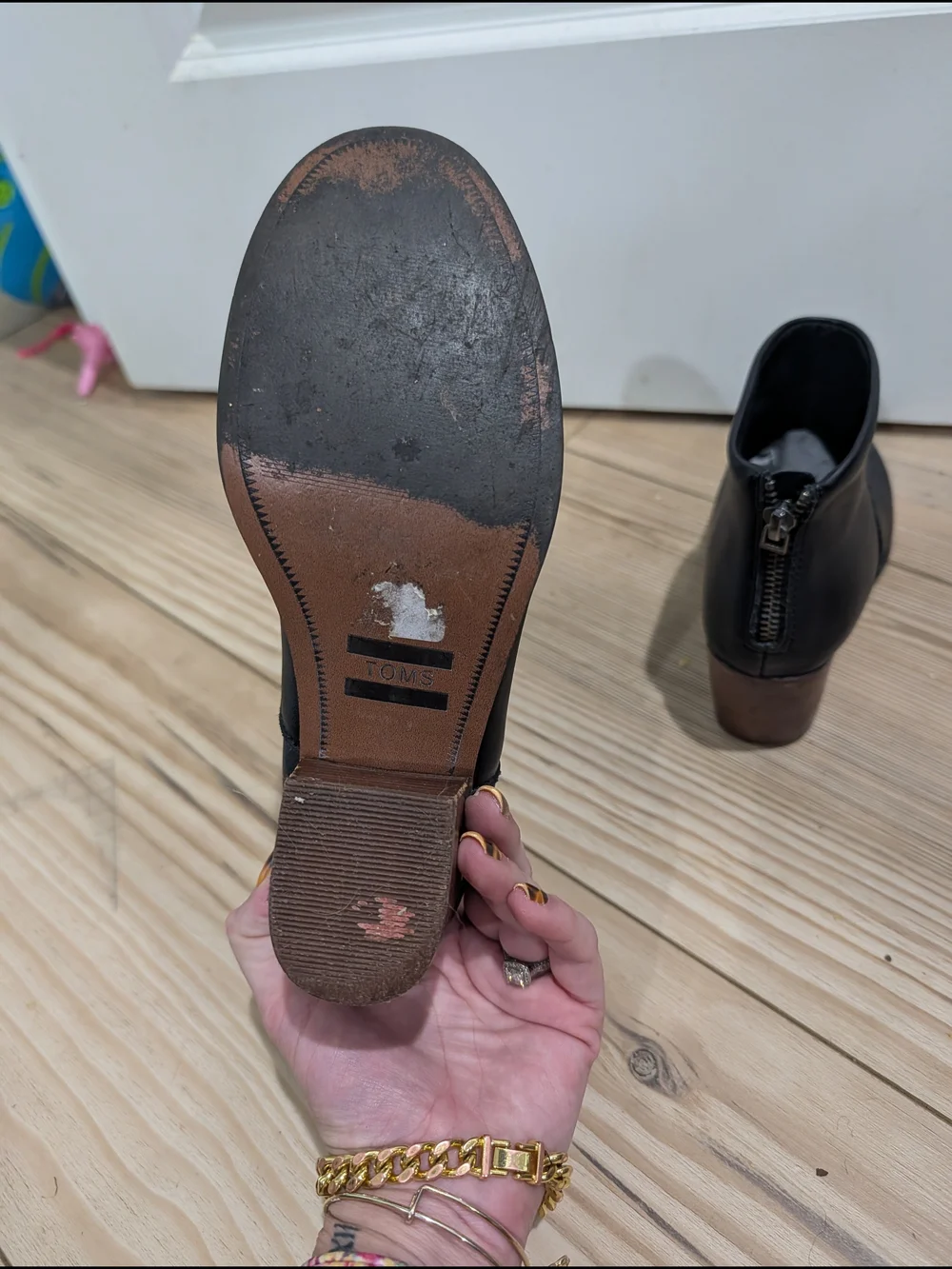 Toms Black Leather Ankle Booties with Brown Block Heel